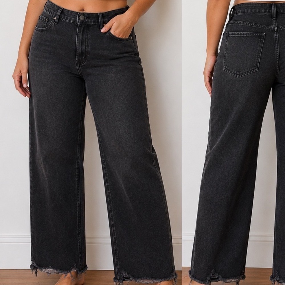 American Eagle Super High Rise Baggy Wide Leg Jeans 12 Short Black Raw Hem Ankle